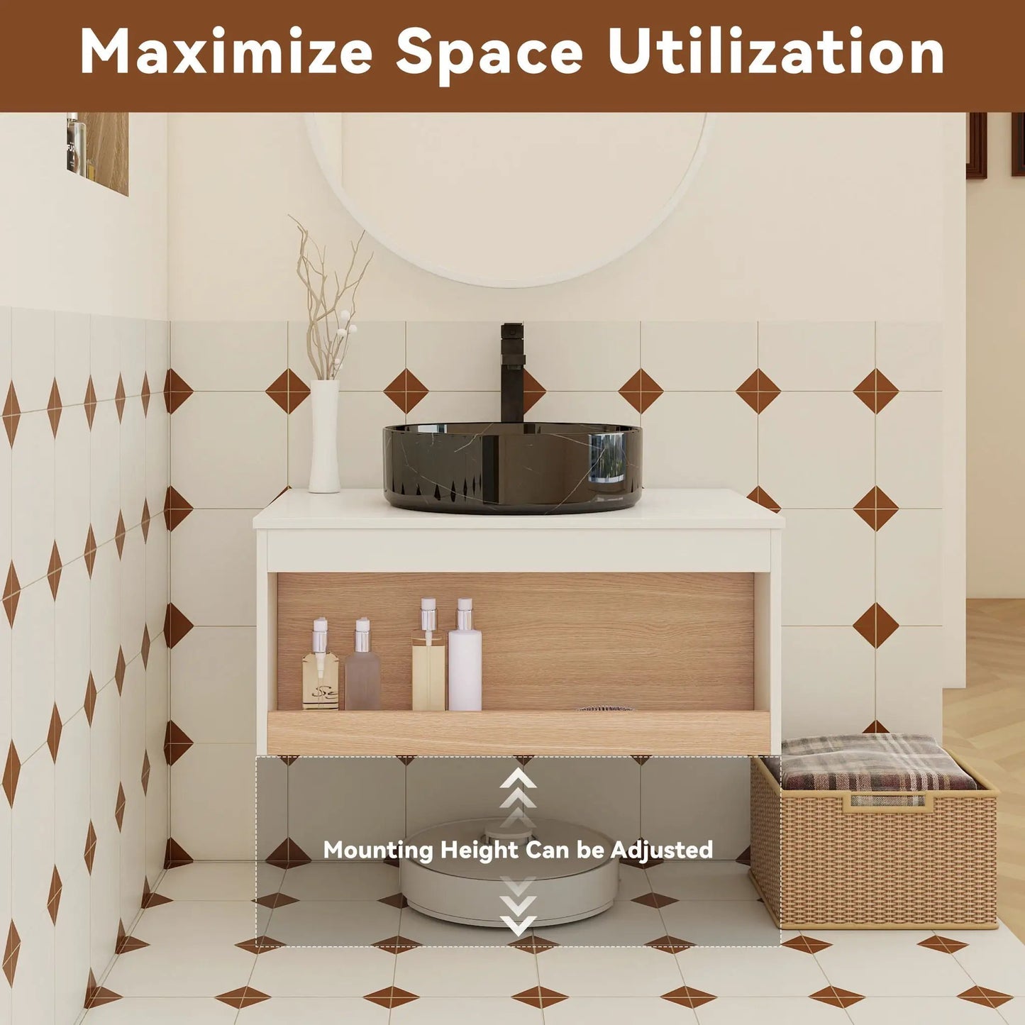 Floating Vanity with Vessel Sink and Open Shelf