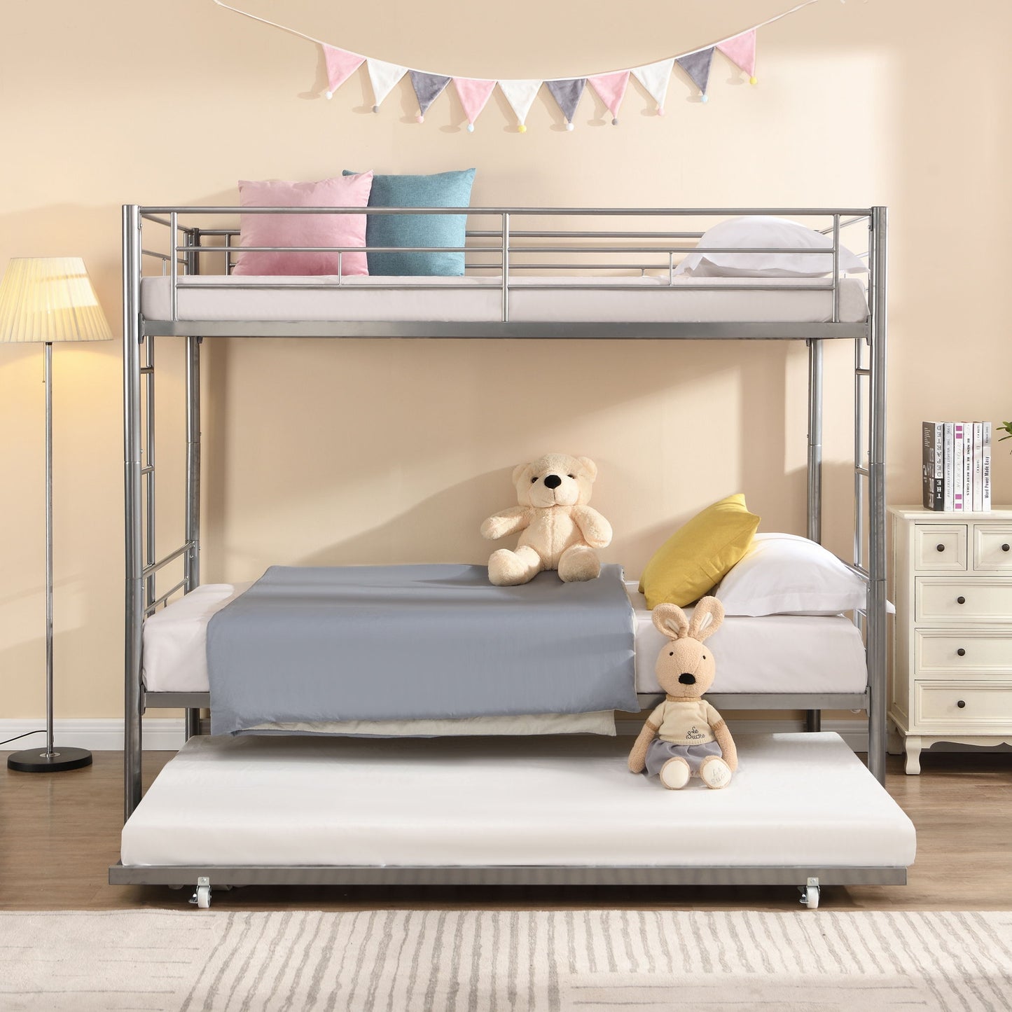 Modern Metal Frame Bunk Bed With Trundle