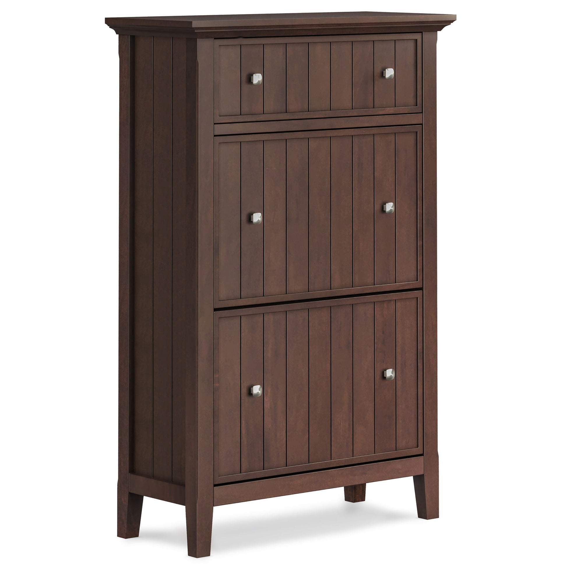 Acadian entryway shoe cabinet brown wood with vertical slats and metal knobs HouseOfZazla on Tampa Home & Garden Store