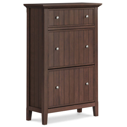 Acadian entryway shoe cabinet brown wood with vertical slats and metal knobs HouseOfZazla on Tampa Home & Garden Store