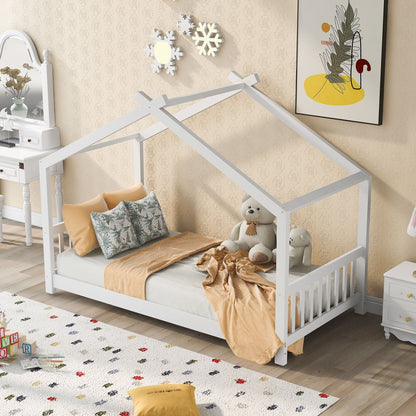 House Platform Bed with Roof Design, white finish with headboard and footboard by HouseOfZazla on Tampa Home & Garden Store
