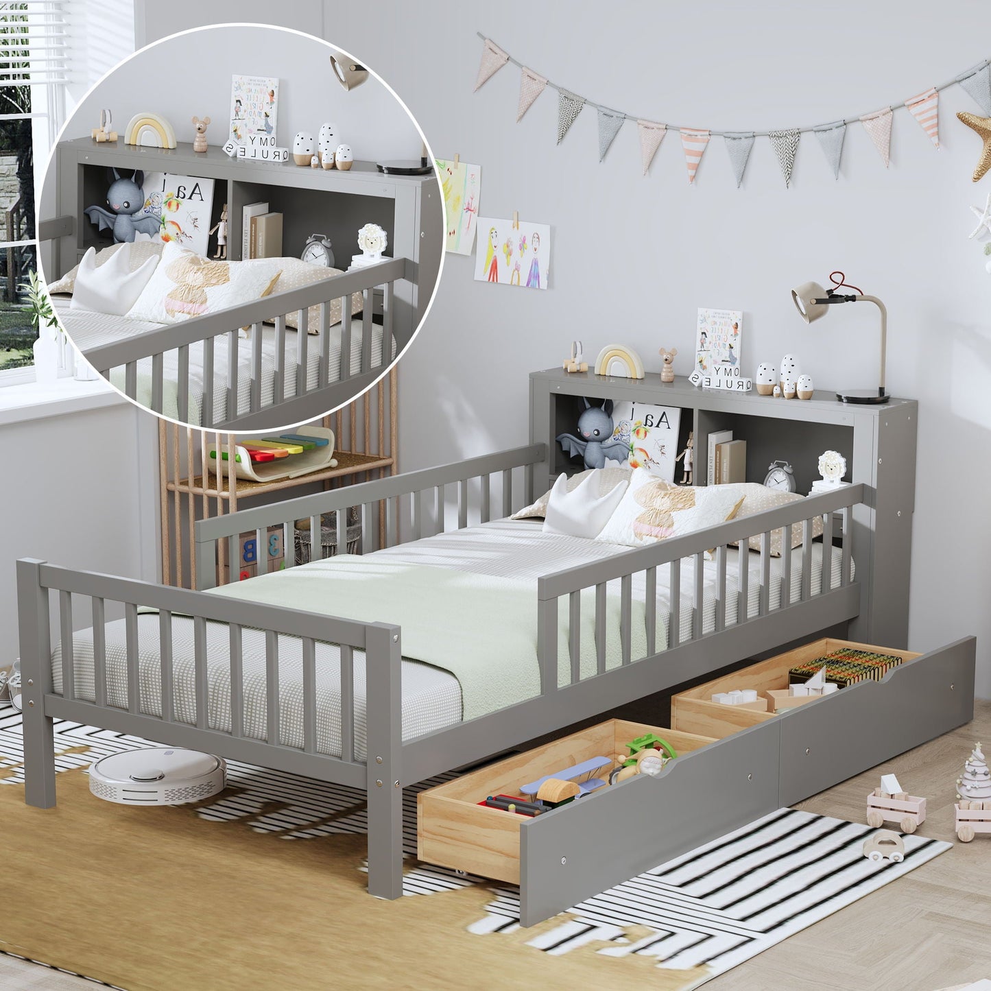 Bed with headboard storage rack in gray, two under-bed drawers, and three side guardrails on Tampa Home & Garden Store
