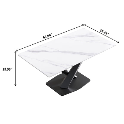 Modern artificial stone dining table with white marble top and black metal X-leg base on Tampa Home & Garden Store