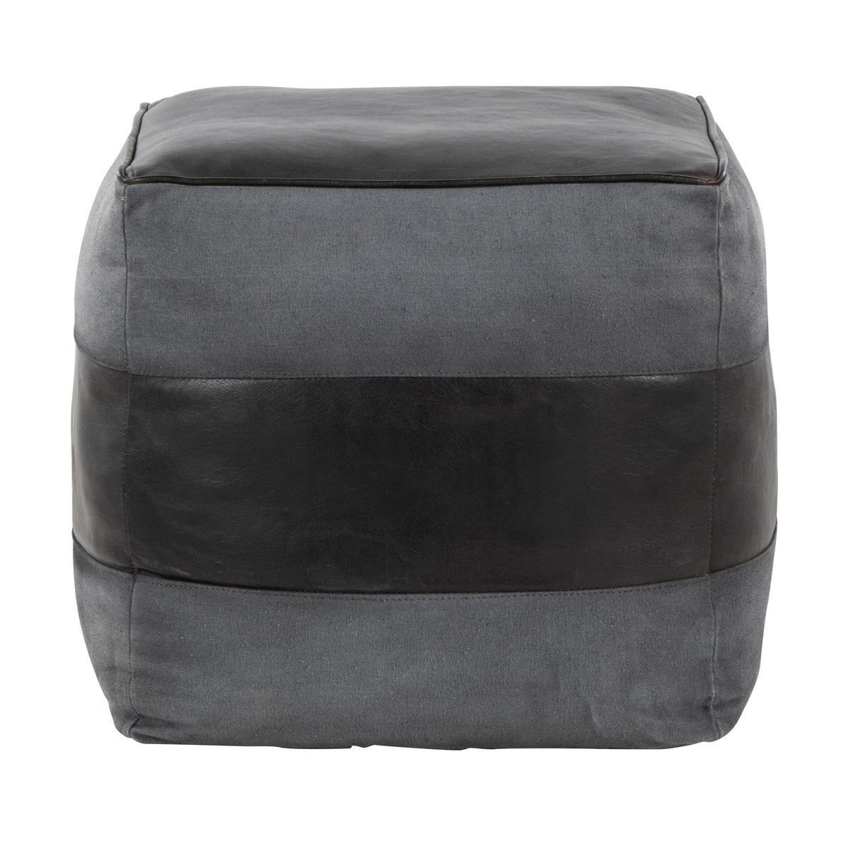 Industrial pouf ottoman with side handles in gray fabric and black leather top, table on Tampa Home & Garden Store