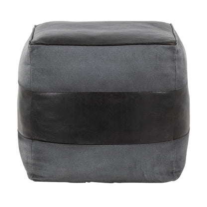 Industrial pouf ottoman with side handles in gray fabric and black leather top, table on Tampa Home & Garden Store