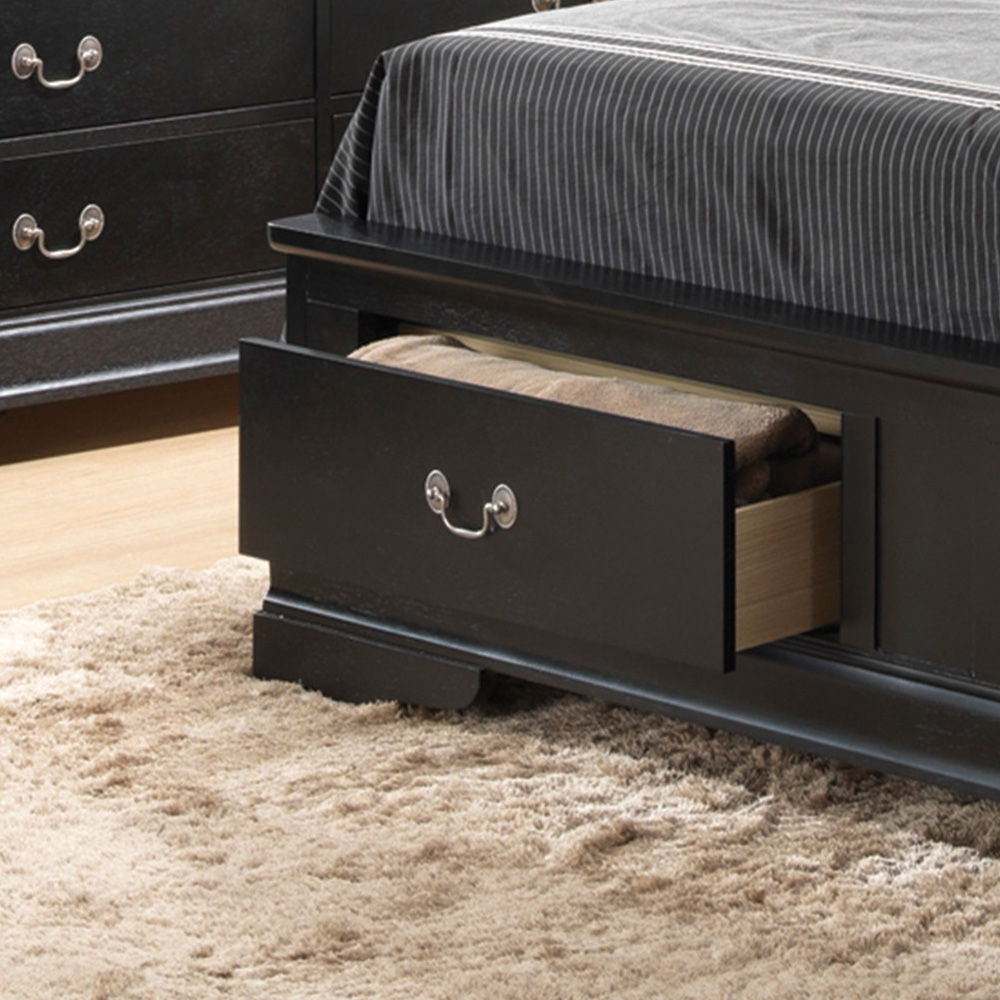 Upholstered panel sleigh bed with black finish and open under-bed storage drawer on Tampa Home & Garden Store