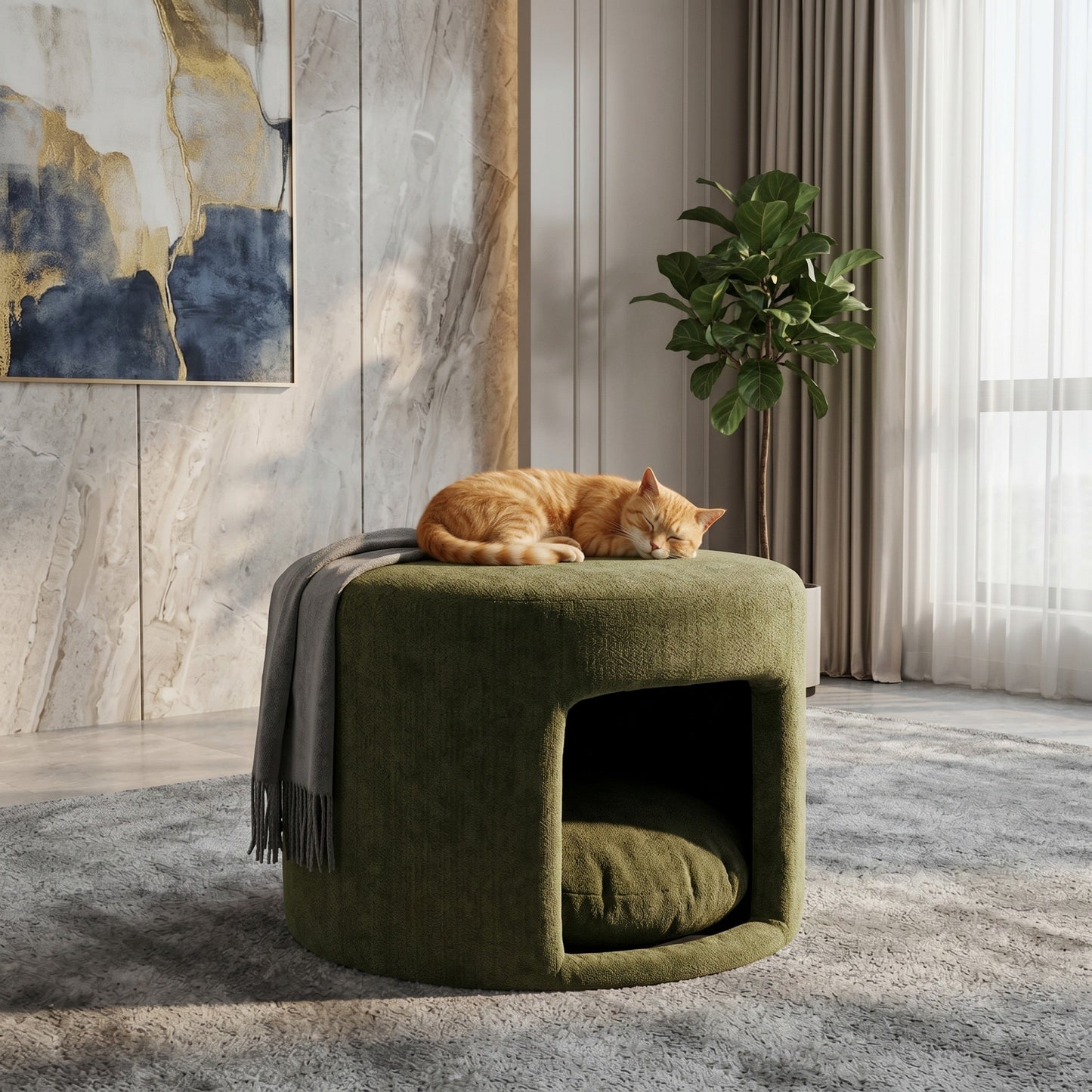 Green pet friendly ottoman with removable pet cushion and hidden nook, cat sleeping on top on Tampa Home & Garden Store