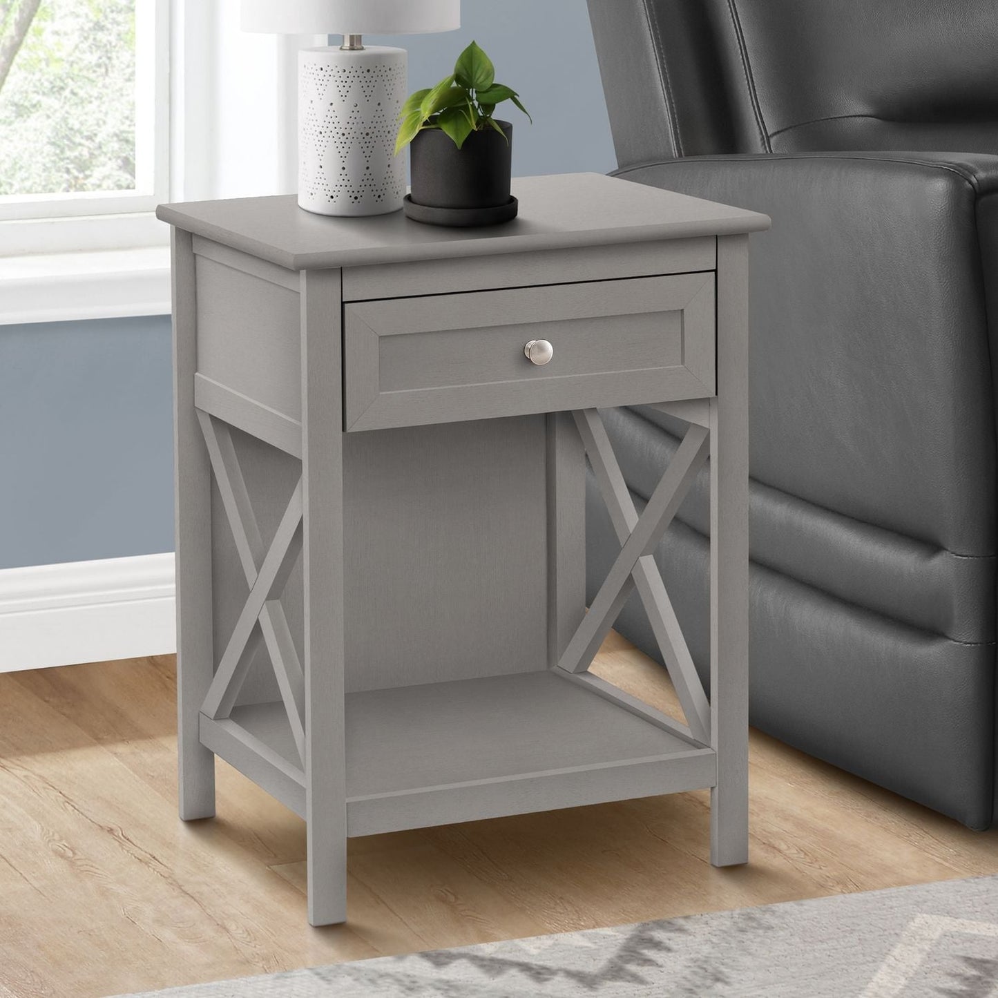 Accent End Table, gray wood, 2-tier, storage drawer, X-frame sides, Transitional style on Tampa Home & Garden Store