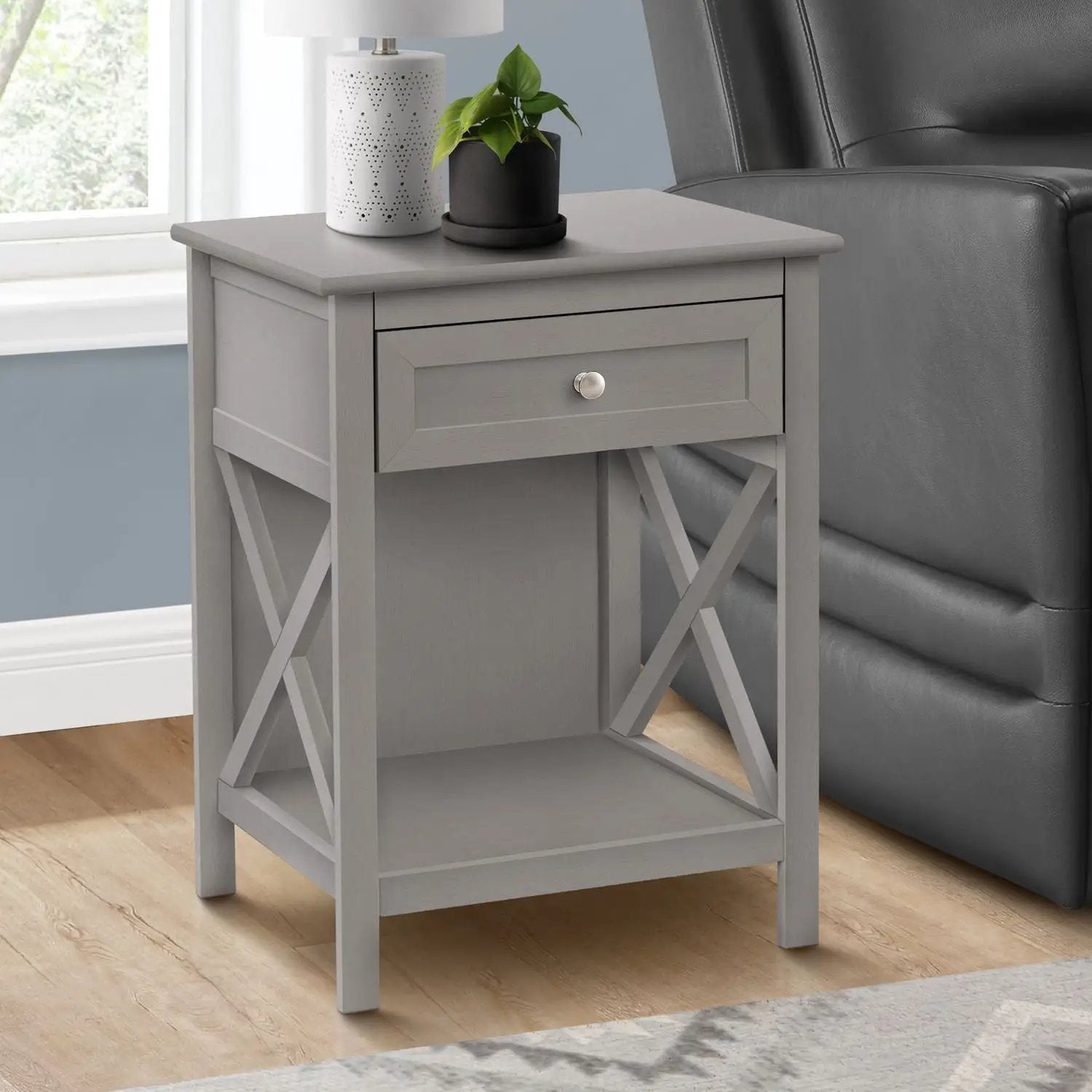 Accent End Table, gray wood, 2-tier, storage drawer, X-frame sides, Transitional style on Tampa Home & Garden Store
