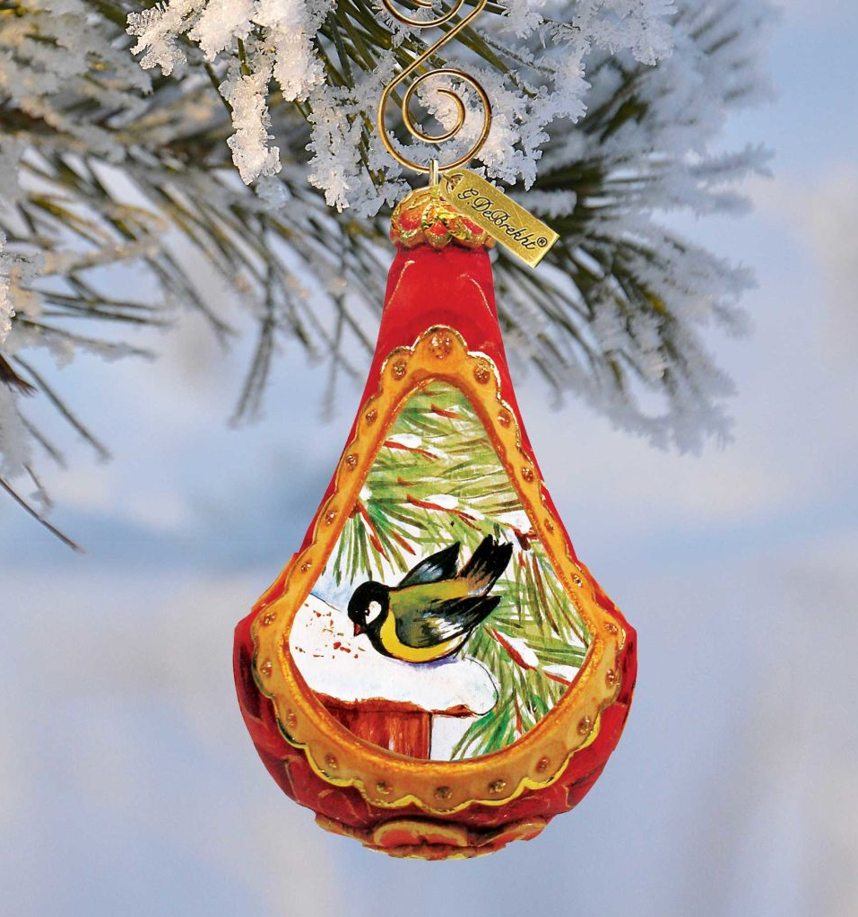 Goldfinch sculpted hand-painted ornament by G. DeBrekht in red with gold trim on Tampa Home & Garden Store