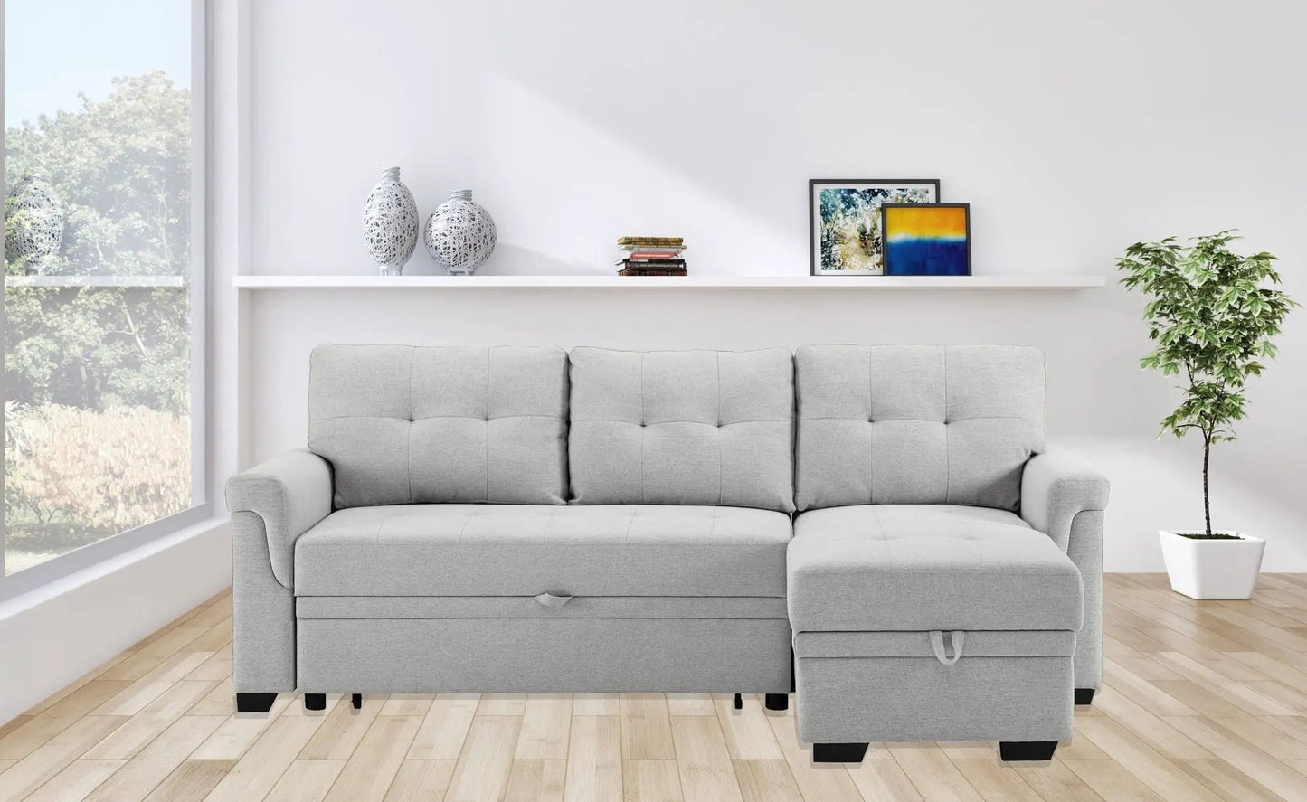 Destiny reversible sleeper sectional sofa with storage chaise in light gray fabric on Tampa Home & Garden Store