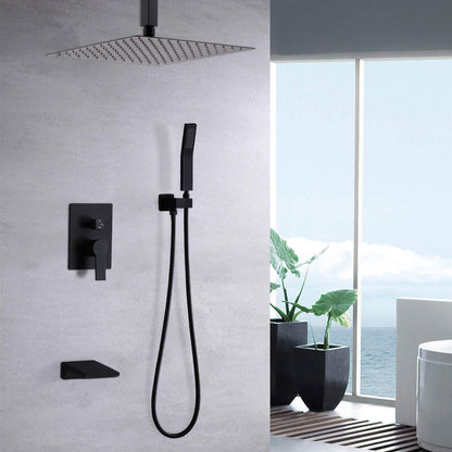 Wall mount shower system in black with 10-inch square rain head and handheld spray on Tampa Home & Garden Store