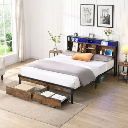Modern metal platform bed frame with wooden headboard and storage drawers including USB charging on Tampa Home & Garden Store