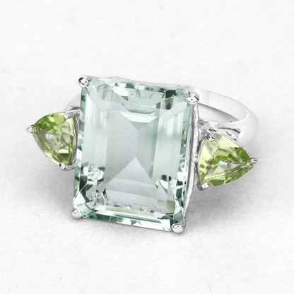 Sterling silver ring with emerald-cut green amethyst and peridot side stones 11.90ct Bids.com on Tampa Home & Garden Store