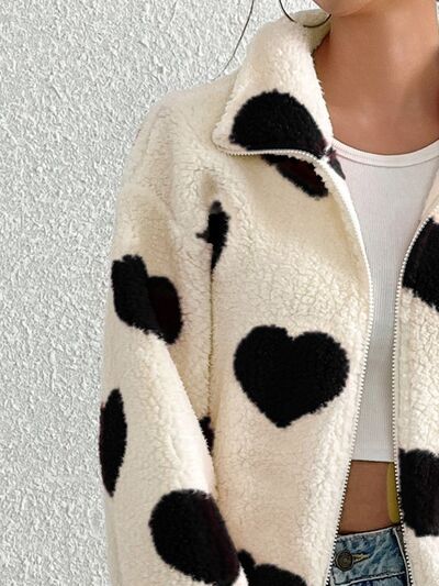 Cute Heart Zip Up Drop Shoulder Furry Jacket fleece with black hearts Stevvex girl coat on Tampa Home & Garden Store
