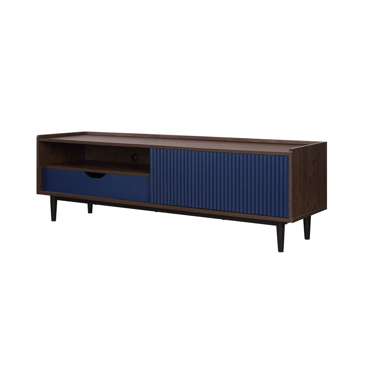 Fluted TV stand with blue sliding door, dark wood frame, shelf and drawer, HouseOfZazla on Tampa Home & Garden Store