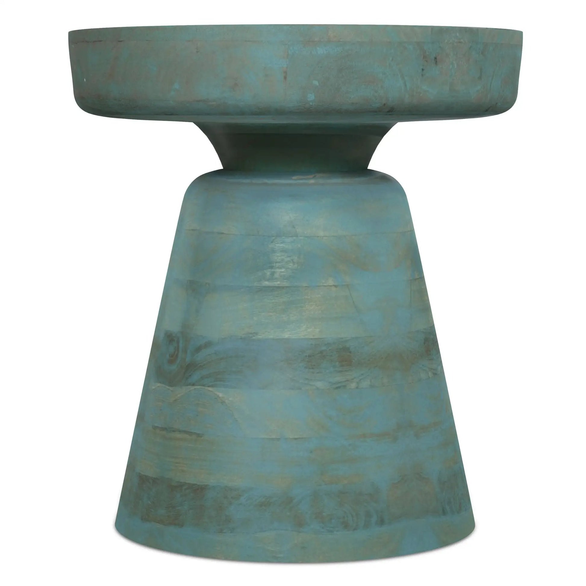 Robbie handcrafted accent table bowl-top in turquoise patina with curved pedestal base on Tampa Home & Garden Store