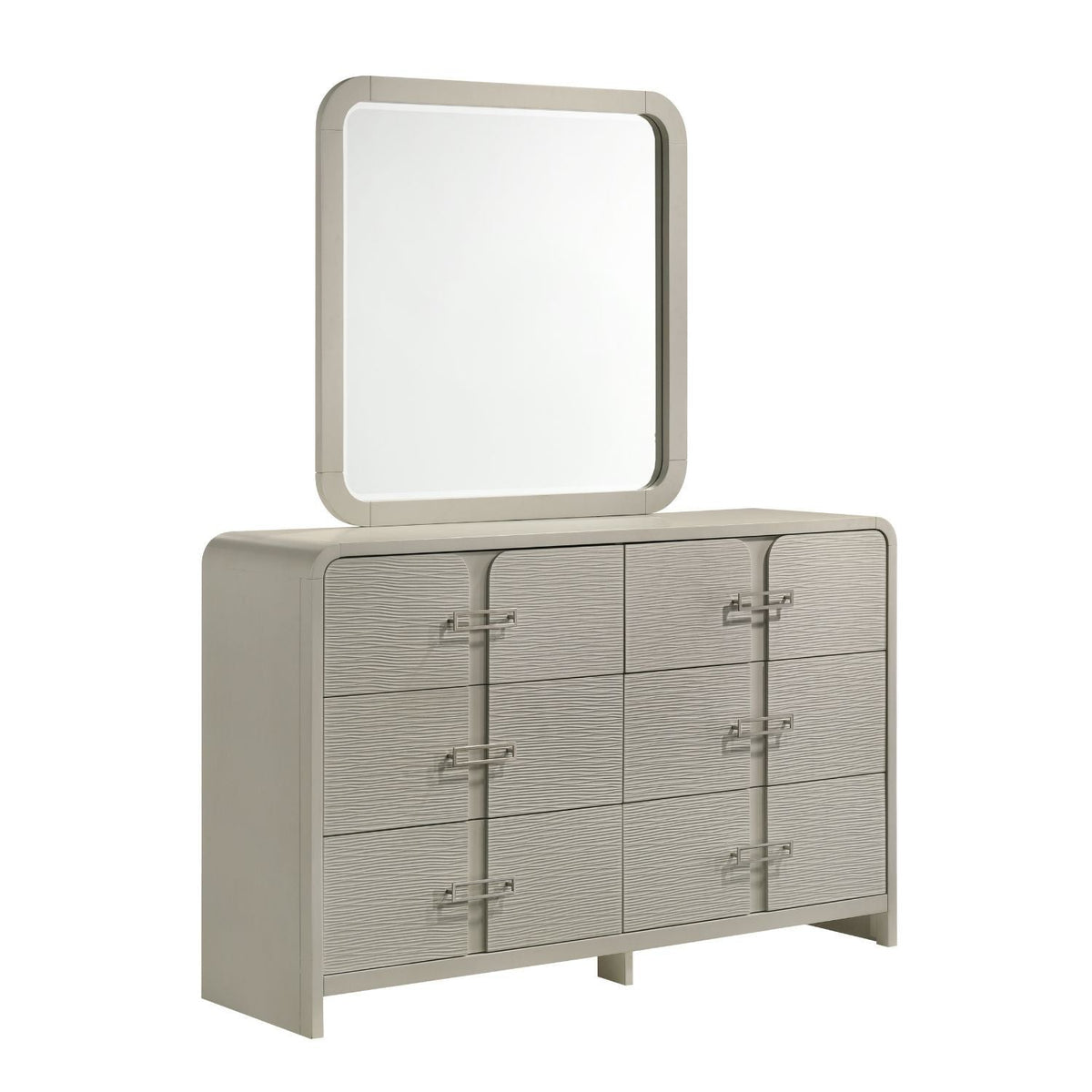 Beige rectangular mirror above a beige textured dresser with multiple drawers on Tampa Home & Garden Store