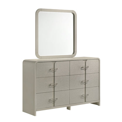 Beige rectangular mirror above a beige textured dresser with multiple drawers on Tampa Home & Garden Store