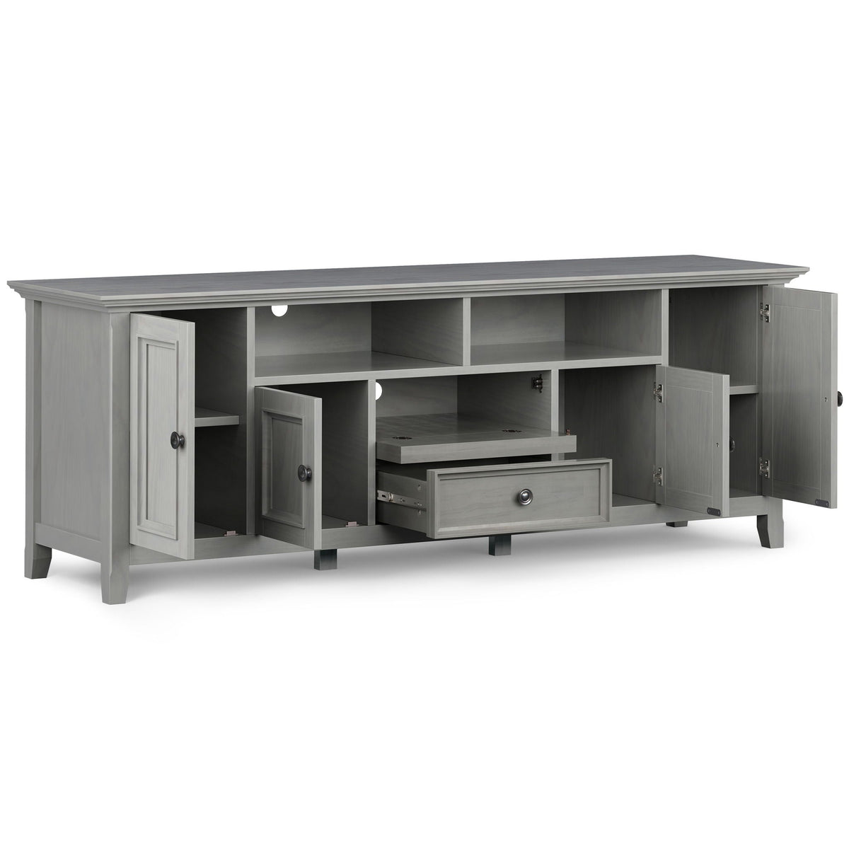 Wide TV Stand in solid gray wood with open cubbies, cabinets and a bottom drawer on Tampa Home & Garden Store