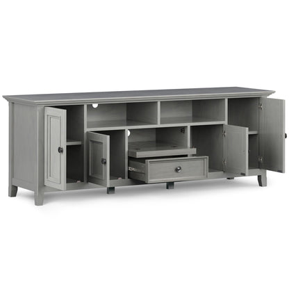Wide TV Stand in solid gray wood with open cubbies, cabinets and a bottom drawer on Tampa Home & Garden Store
