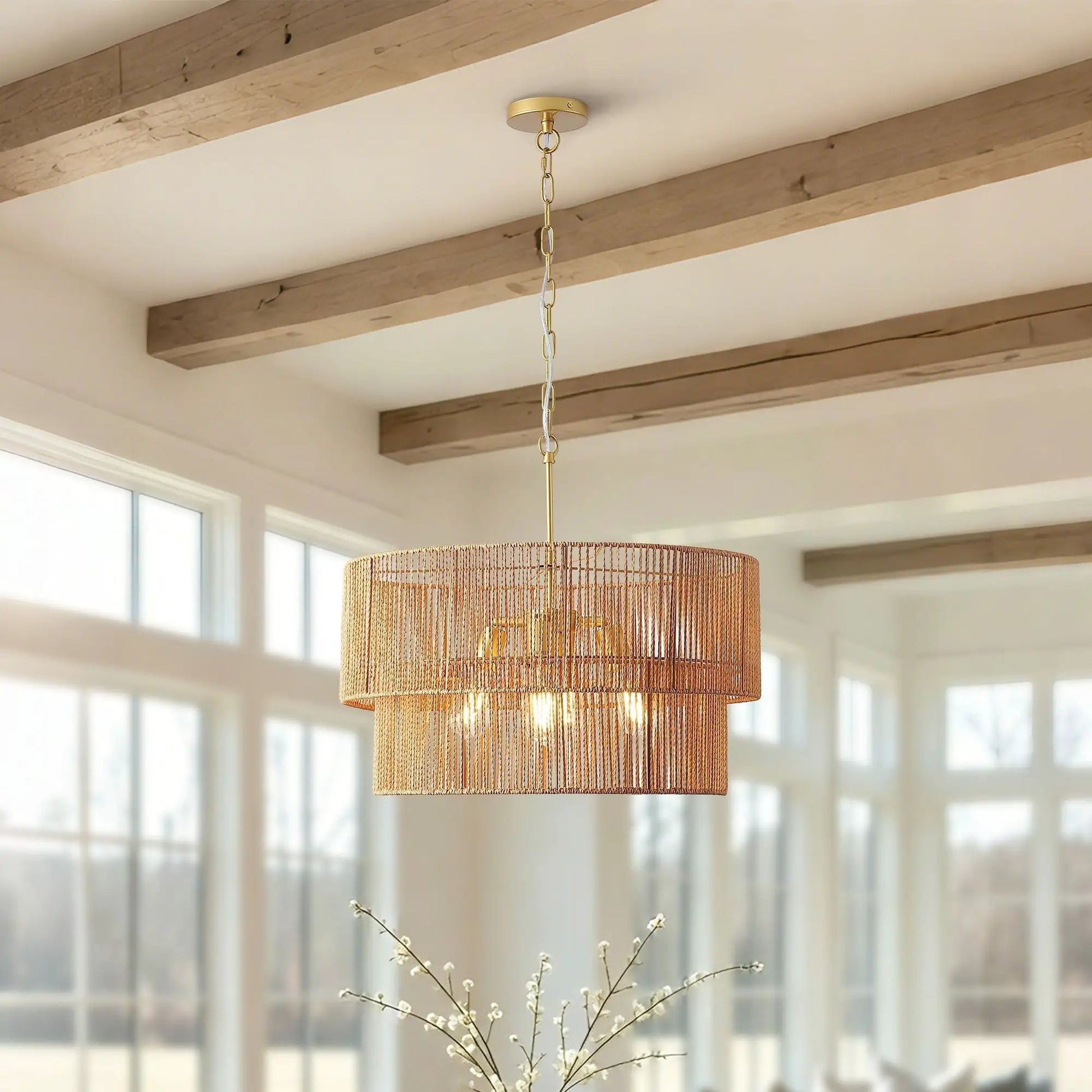 Chandelier 2-tier boho wabi-sabi pendant light with gold finish and woven rattan shade on Tampa Home & Garden Store