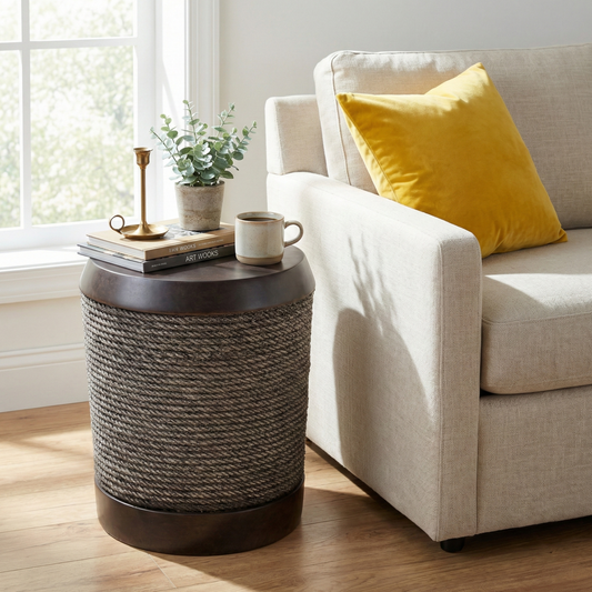 Outdoor round side table with dark brown braided cord wrap and vintage trim on Tampa Home & Garden Store