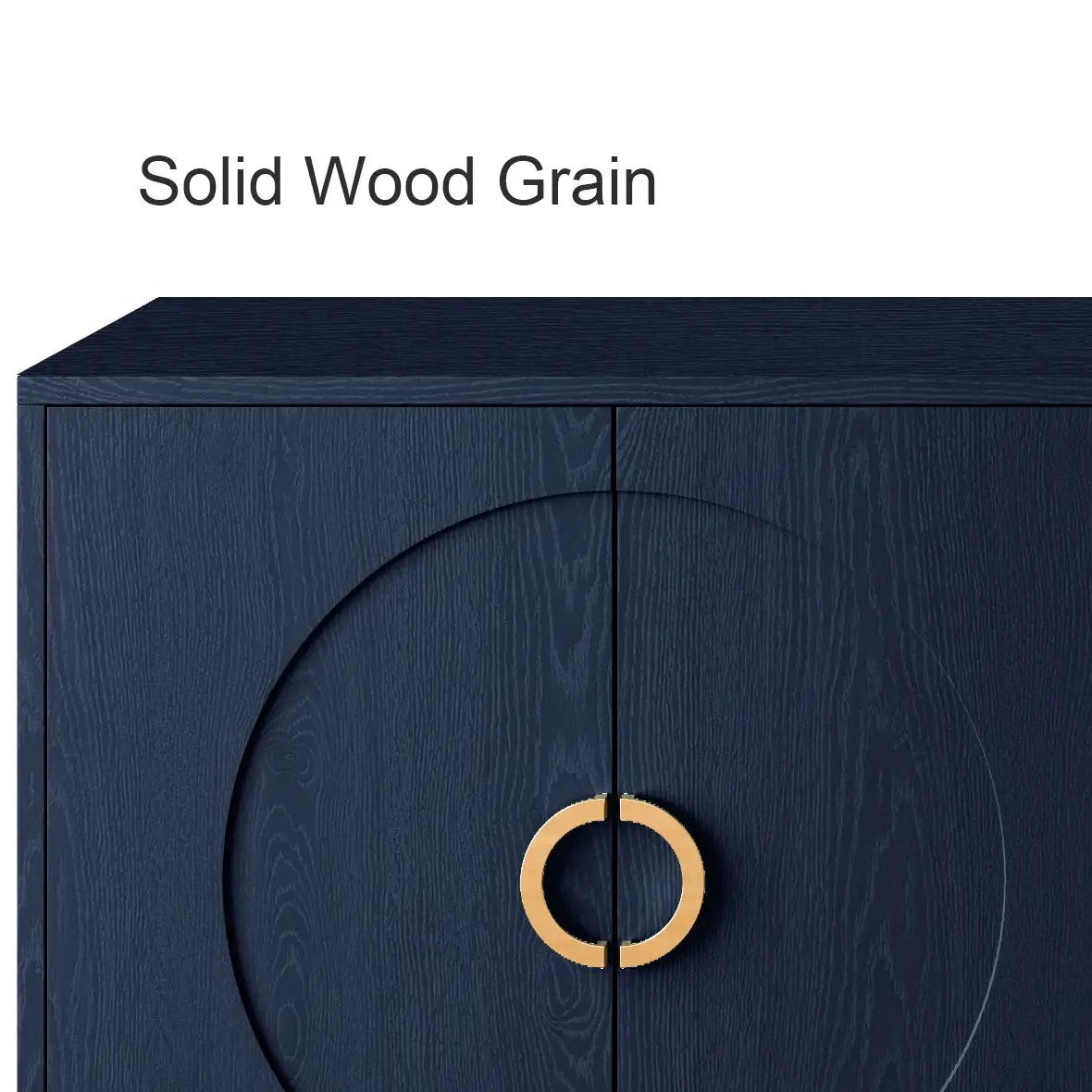 Modern lacquered navy wood 4-door sideboard with circular panel doors and gold ring handles on Tampa Home & Garden Store