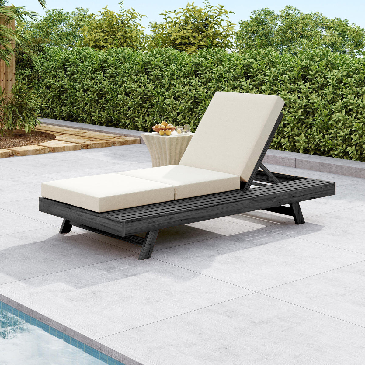Acacia Wood Outdoor Sunlounger with beige cushion by HouseOfZazla on Tampa Home & Garden Store