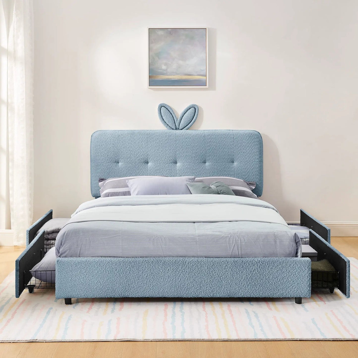 Upholstered Bed with Rabbit Ear Headboard and LED