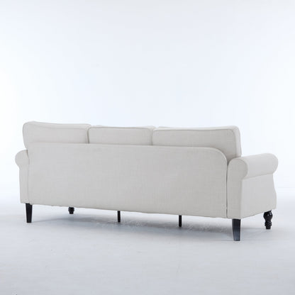 83 inch beige fabric sofa with rolled arms and dark legs on Tampa Home & Garden Store
