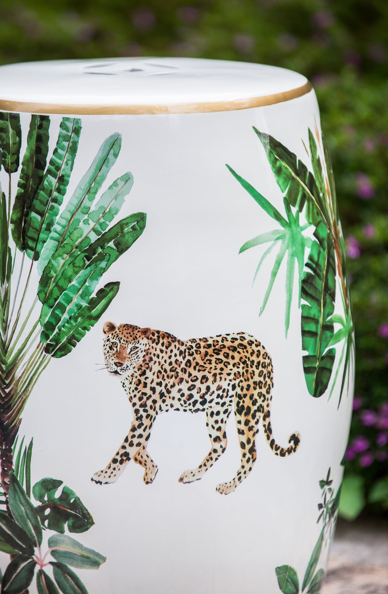 Leopard and palm print ceramic garden stool with white body and gold rim by HouseOfZazla on Tampa Home & Garden Store