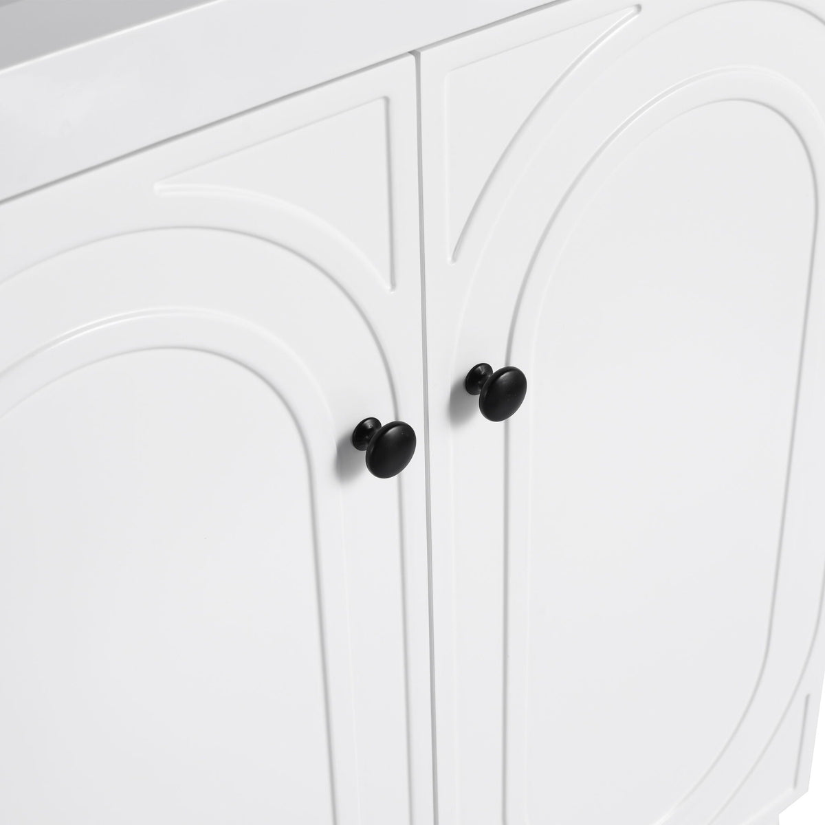 Freestanding bathroom vanity with soft-close doors, white cabinet, black knobs on Tampa Home & Garden Store