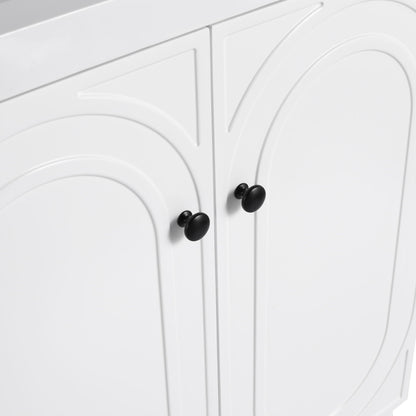 Freestanding bathroom vanity with soft-close doors, white cabinet, black knobs on Tampa Home & Garden Store