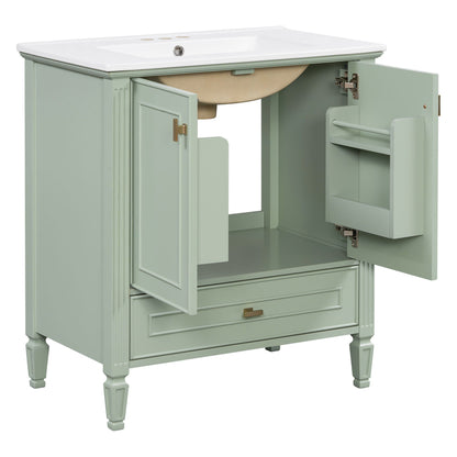 Freestanding vanity with drawer and soft-close doors in sage green cabinet with white countertop on Tampa Home & Garden Store