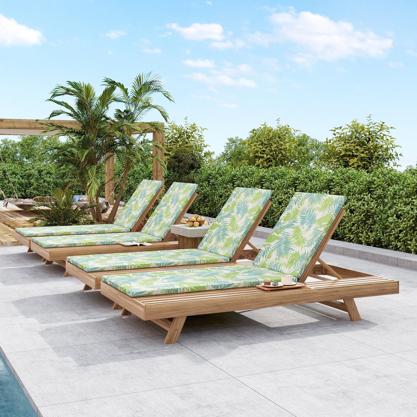 Lounge chaise set in light brown acacia wood with leaf coconut cushions 2in thick HouseOfZazla on Tampa Home & Garden Store