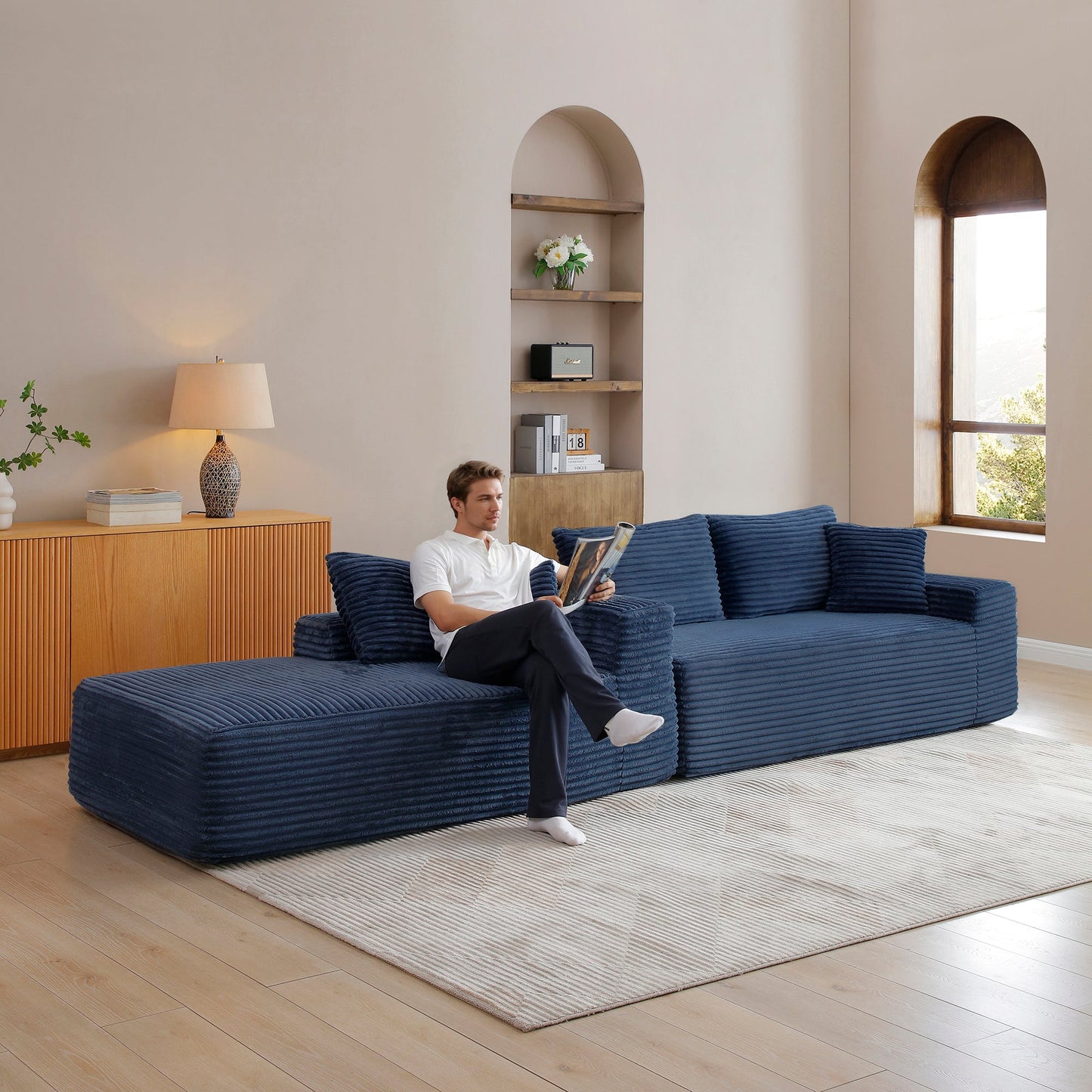 105'' Modular Sectional Sofa with deep seat and chaise in navy blue fabric on Tampa Home & Garden Store