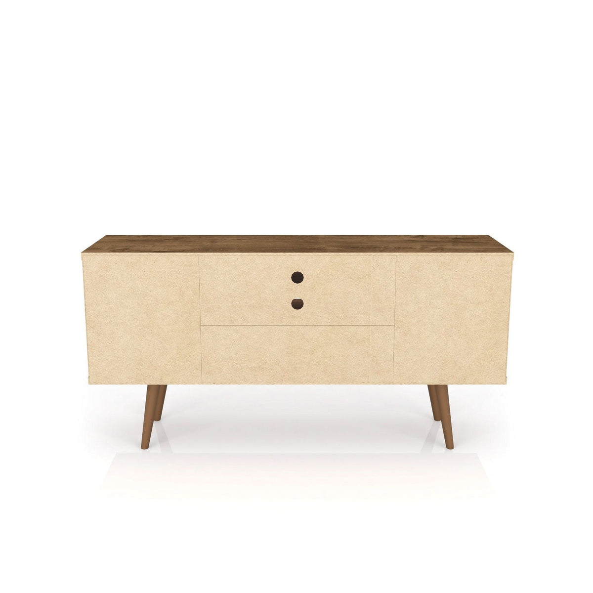 Smart Storage TV Stand with wood legs, dark brown top and beige body, 2 doors 2 drawers on Tampa Home & Garden Store