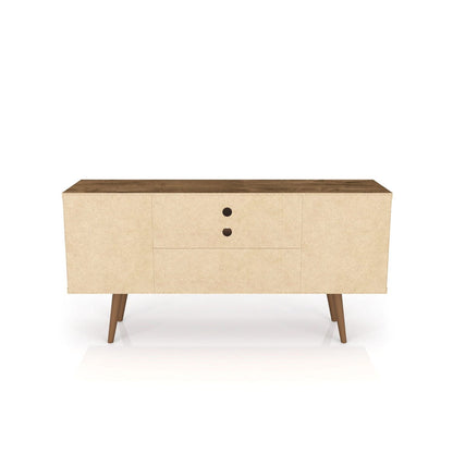 Smart Storage TV Stand with wood legs, dark brown top and beige body, 2 doors 2 drawers on Tampa Home & Garden Store
