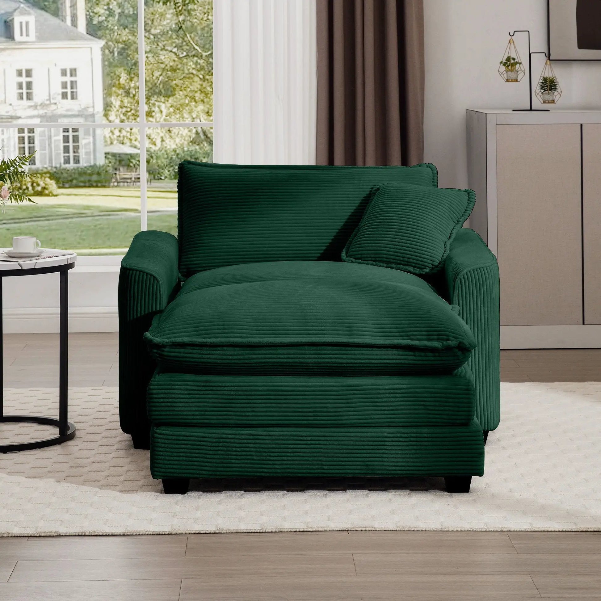 Single green corduroy deep-seat chair with ottoman in a modern living room on Tampa Home & Garden Store