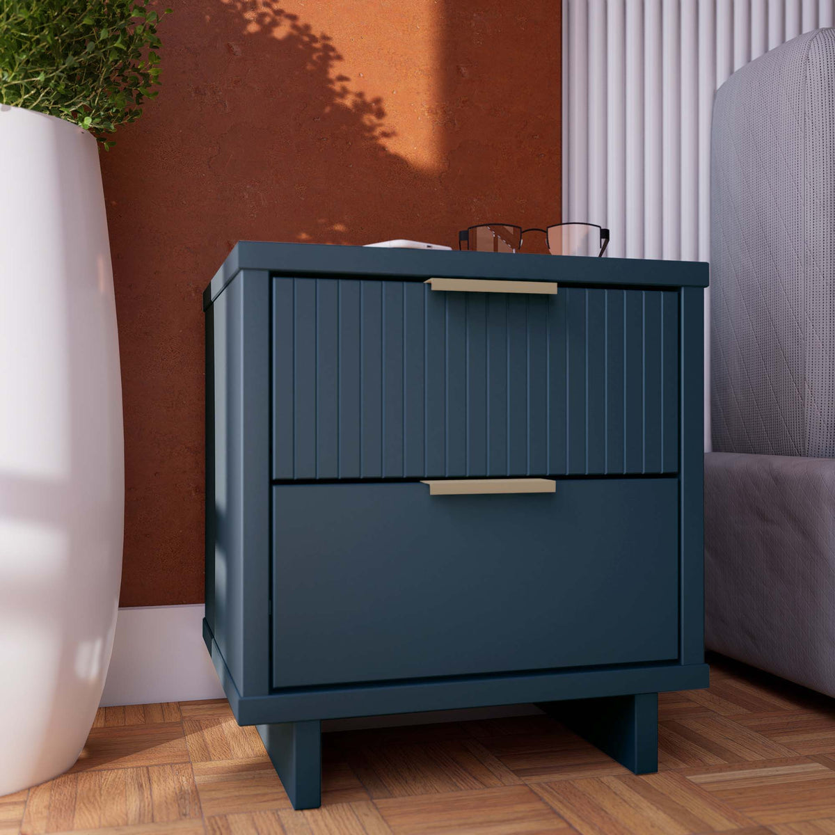 Granville Nightstand, teal solid wood, 2 drawers with grooved top front and gold handles on Tampa Home & Garden Store