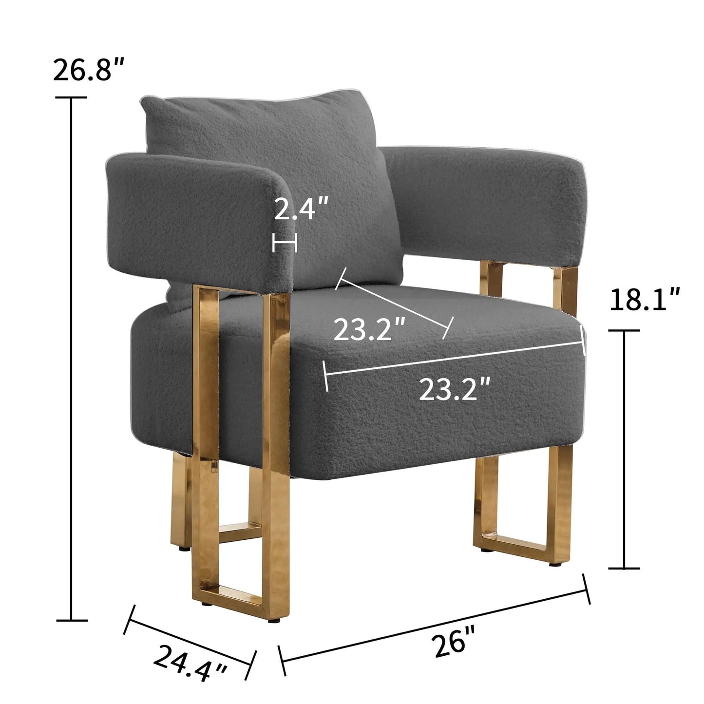 Modern decorative chair with teddy fleece upholstery in dark gray, gold metal legs on Tampa Home & Garden Store