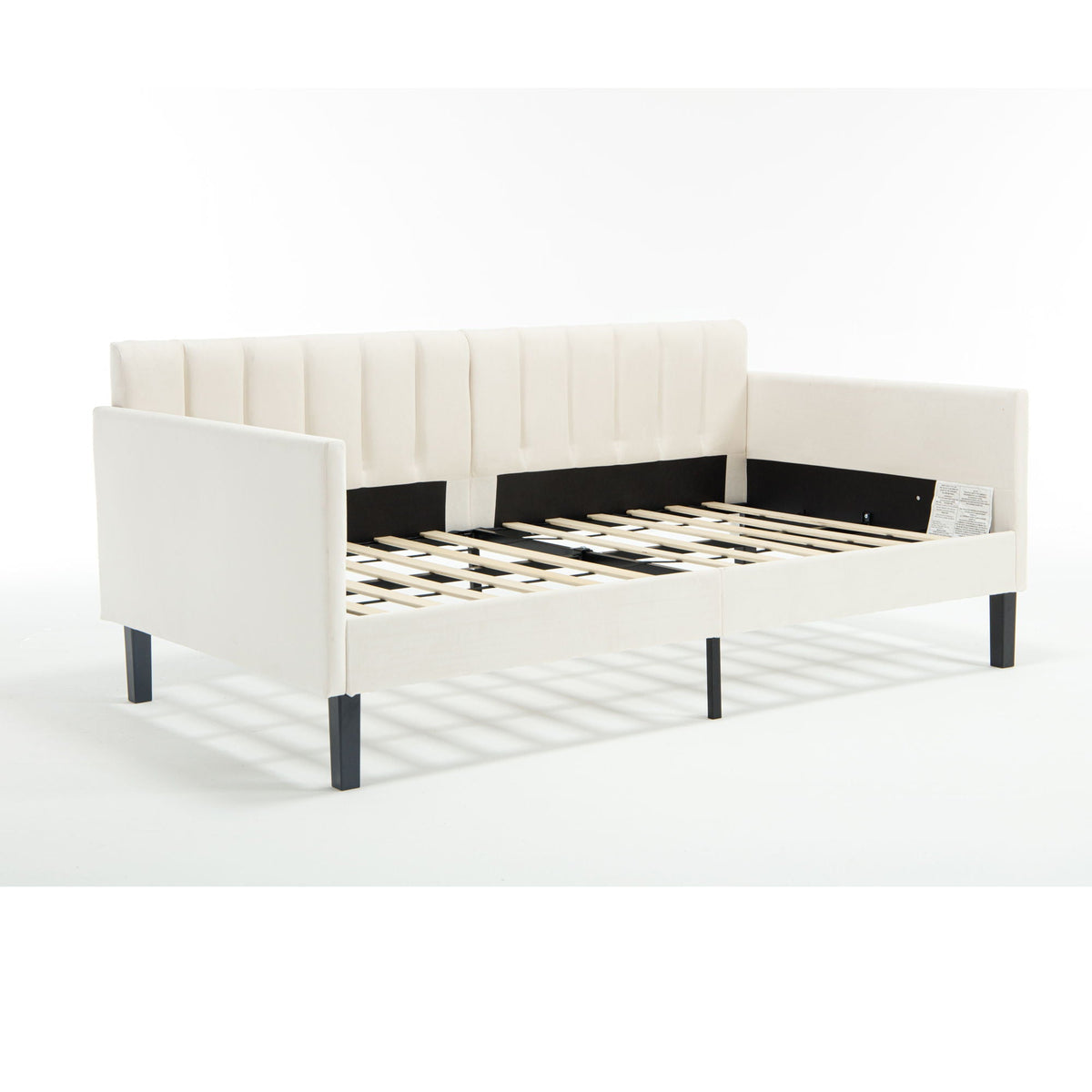 Elena Boucle Daybed white upholstery with ribbed tufted backrest and black metal legs on Tampa Home & Garden Store