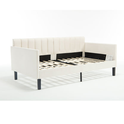 Elena Boucle Daybed white upholstery with ribbed tufted backrest and black metal legs on Tampa Home & Garden Store