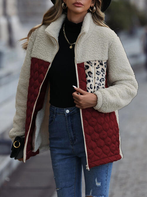 Unique Autumn Leopard Color Block Zip-Up Jacket with cream sherpa, red quilted panels on Tampa Home & Garden Store