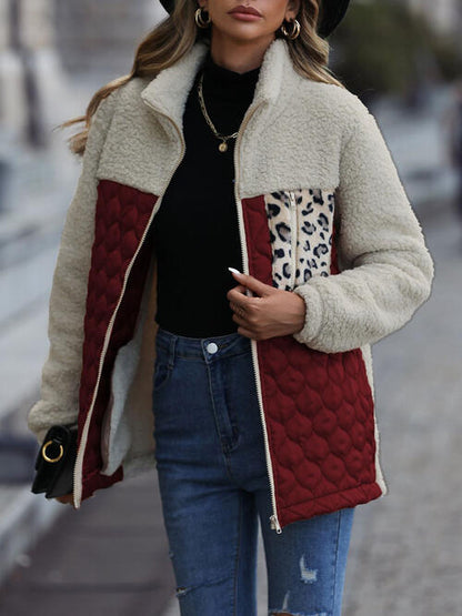 Unique Autumn Leopard Color Block Zip-Up Jacket with cream sherpa, red quilted panels on Tampa Home & Garden Store