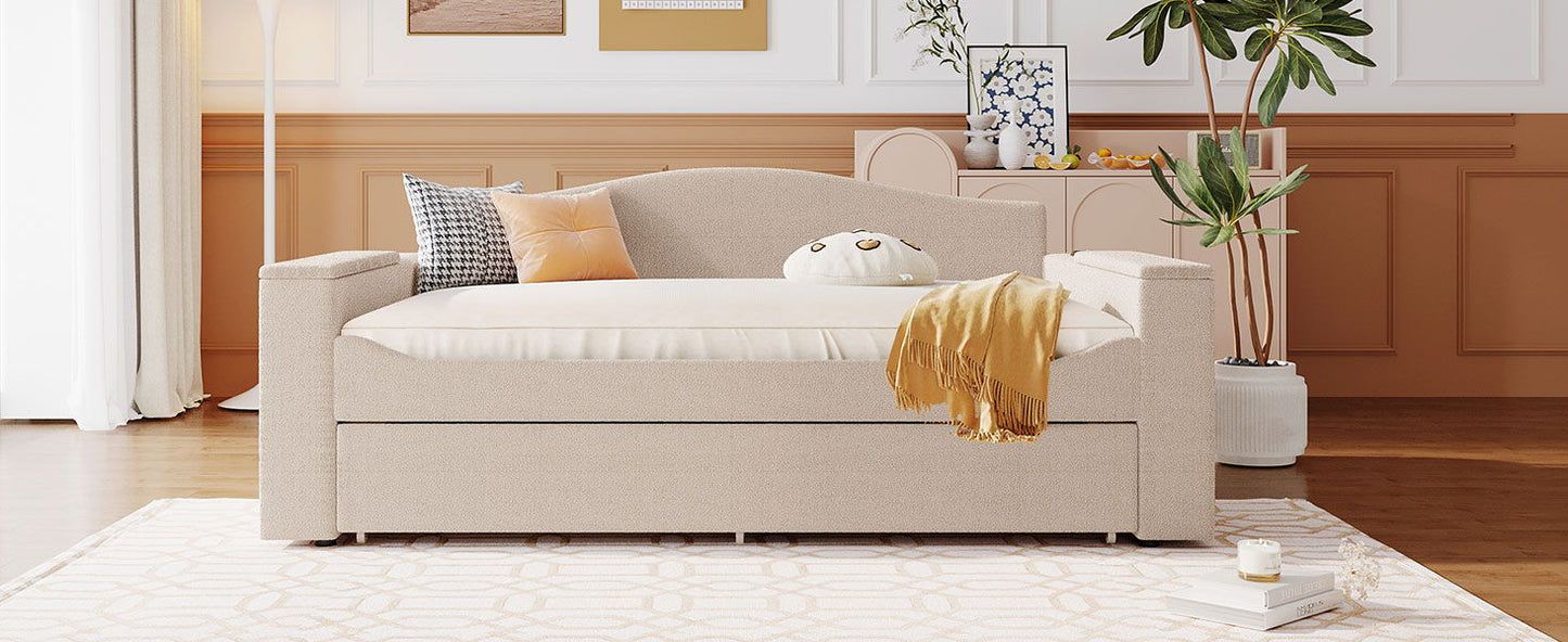 Upholstered daybed with storage armrests and trundle in beige fabric on Tampa Home & Garden Store