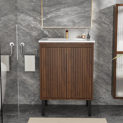 Bathroom vanity with ceramic sink, dark wood cabinet, white countertop, soft-close drawers on Tampa Home & Garden Store