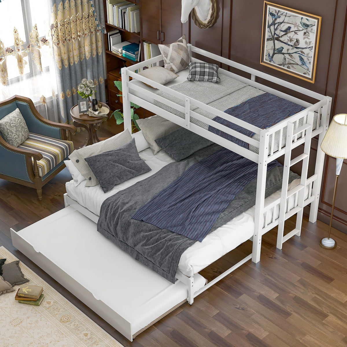 HouseOfZazla Smooth Mobility bunk bed with trundle, white finish, twin over twin on Tampa Home & Garden Store