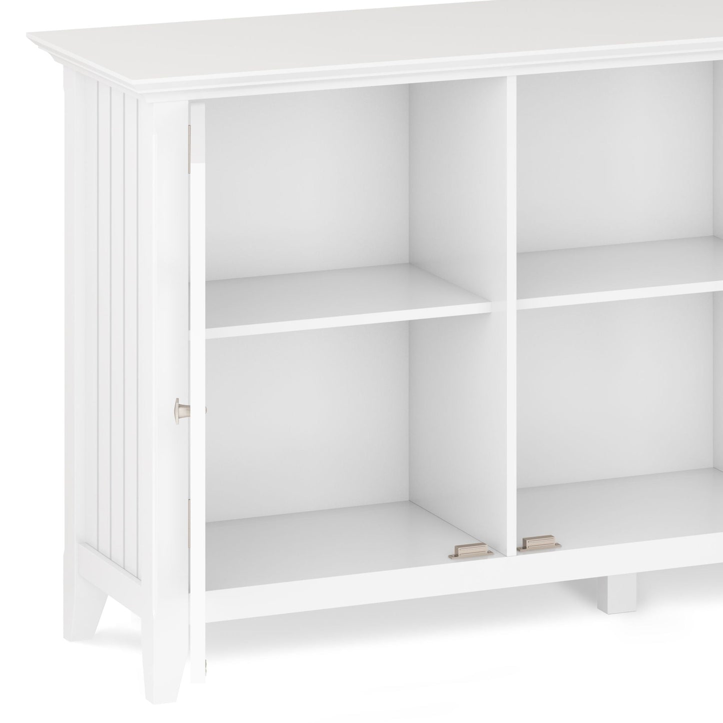 Acadian wide storage cabinet handcrafted by HouseOfZazla in white finish with open shelves on Tampa Home & Garden Store